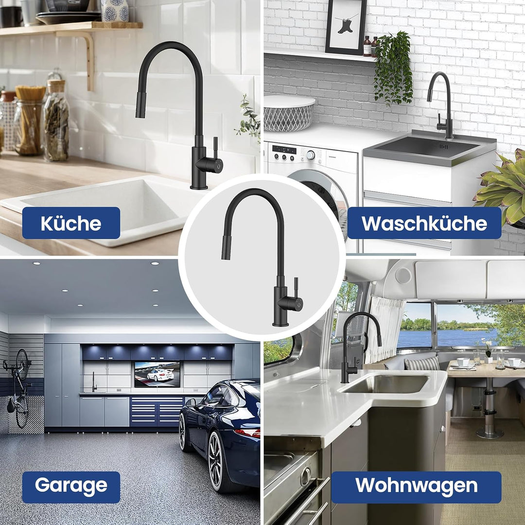 CECIPA Flexibler Wasserhahn, schwarz, für die Küche, mit 2 Strahlarten, Einhebelmischer, klappbar, W