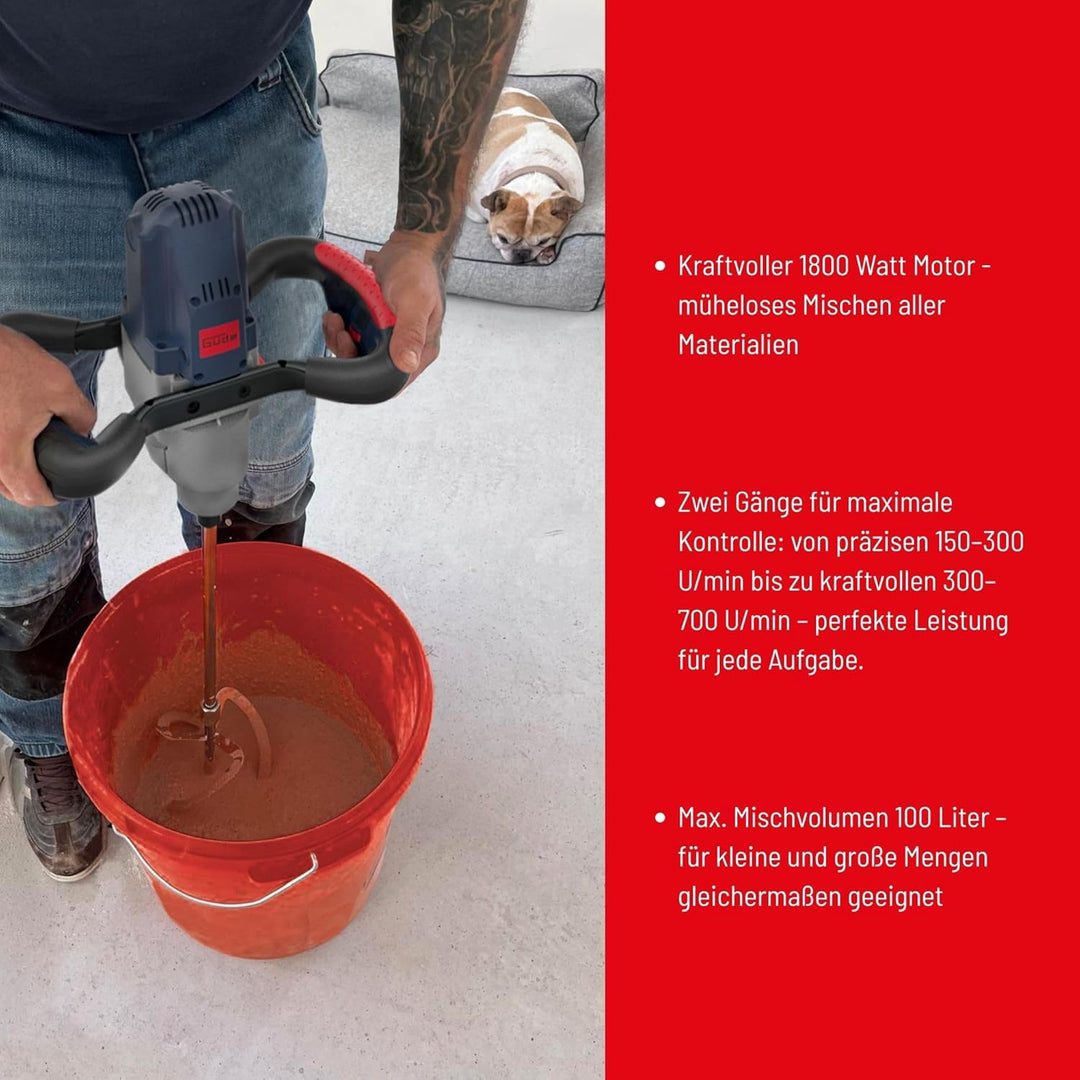 Güde 58048 Rührwerk GRW 1800 (Aufsatz 140 mm, 1800W, 2-Gang-Getriebe, Soft-Start-Funktion, Arretierb