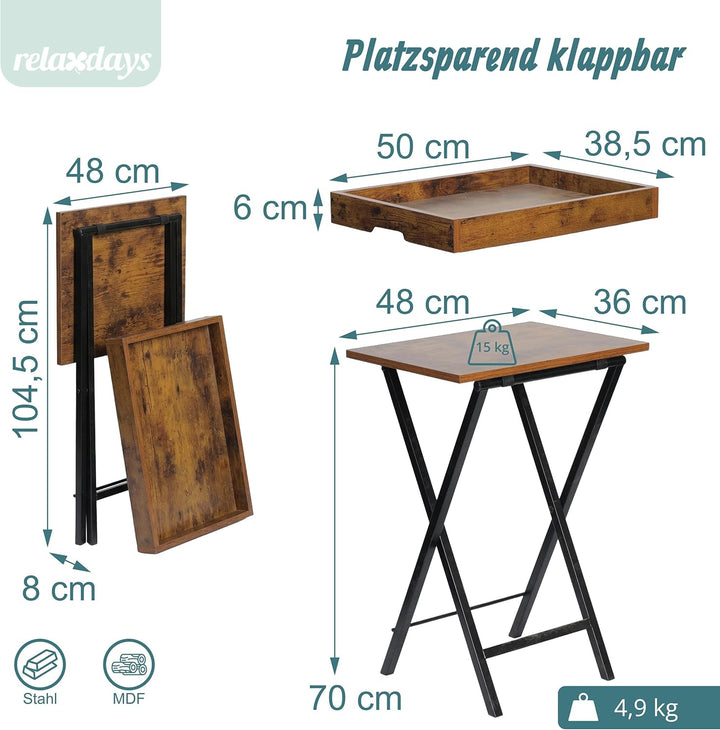 Relaxdays Beistelltisch mit abnehmbarem Tablett, klappbar, HBT: 70x48x36 cm, Serviertisch, Industria