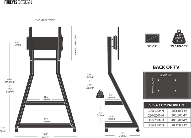 FITUEYES Design TV Ständer Rollbar, Mobiles TV Stand mit Rollen für 32 40 43 55 65 Zoll Flach & Curv