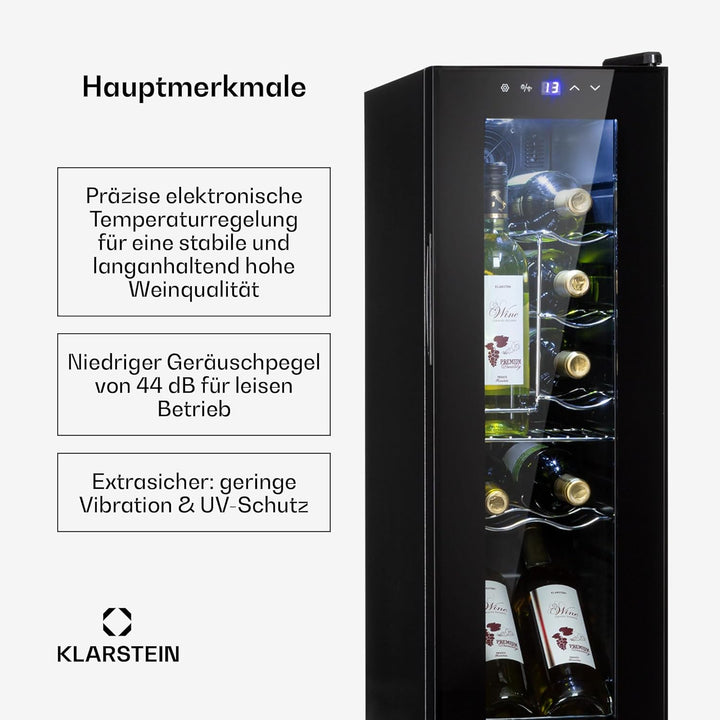 Klarstein Shiraz Weinkühlschrank Schwarz – 12 Flaschen, 32 L, 1 Zone | Getränkekühlschrank mit Glast