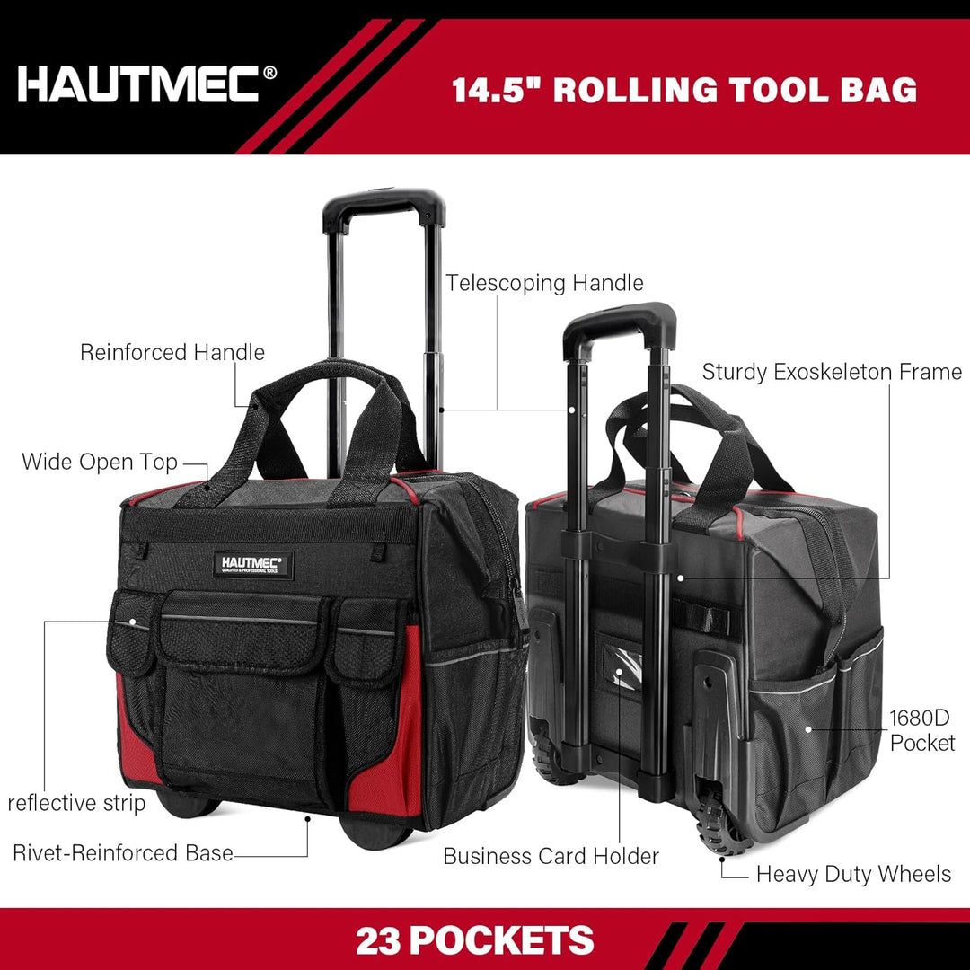 HAUTMEC Professional 37cm Wide Mouth Rolling Tool Storage Organizer Bag mit Teleskopgriff und übergr