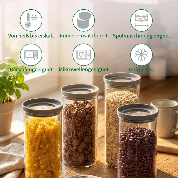FACKELMANN Chefkoch trifft 4er Set Vorratsbehälter mit Glasdeckel – 1,5 L, Borosilikatglas, luftdich