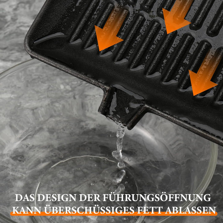 Steakpfanne Gusseisen,20x20cm Grillpfanne mit Klappbarem Holzgriff und Lebensmittelclips,Klappbarer