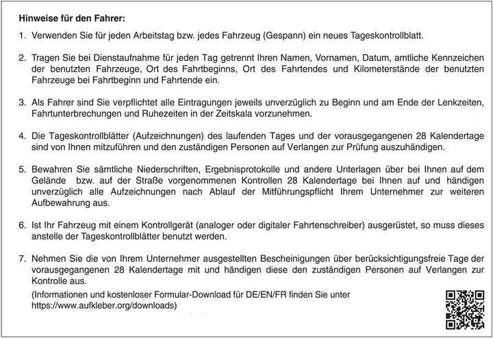 20 Persönliche Kontrollbücher DIN A5 quer, Tageskontrollblätter, Fahrtenkontrollbuch, Kontrollblätte