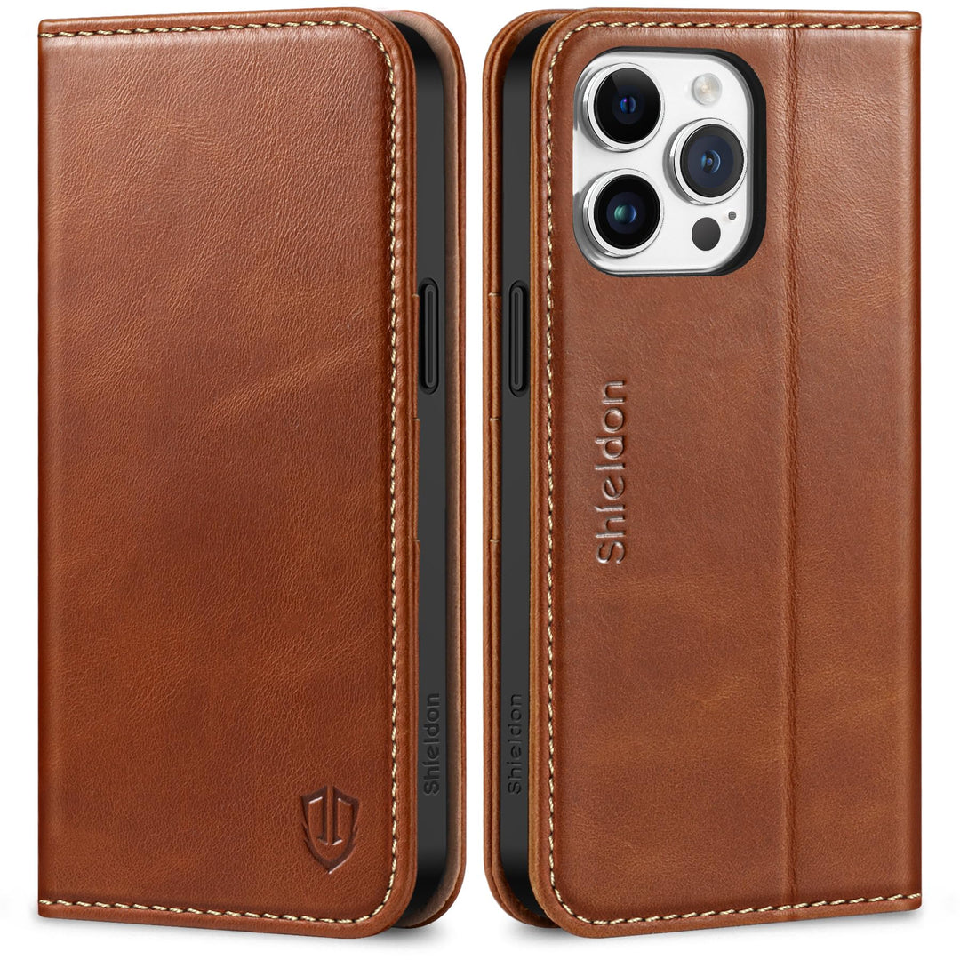 SHIELDON Hülle für iPhone 15 Pro Max, Handyhülle [Echtleder] [Kartenfach] [Magnet] [Stand] [RFID Blo