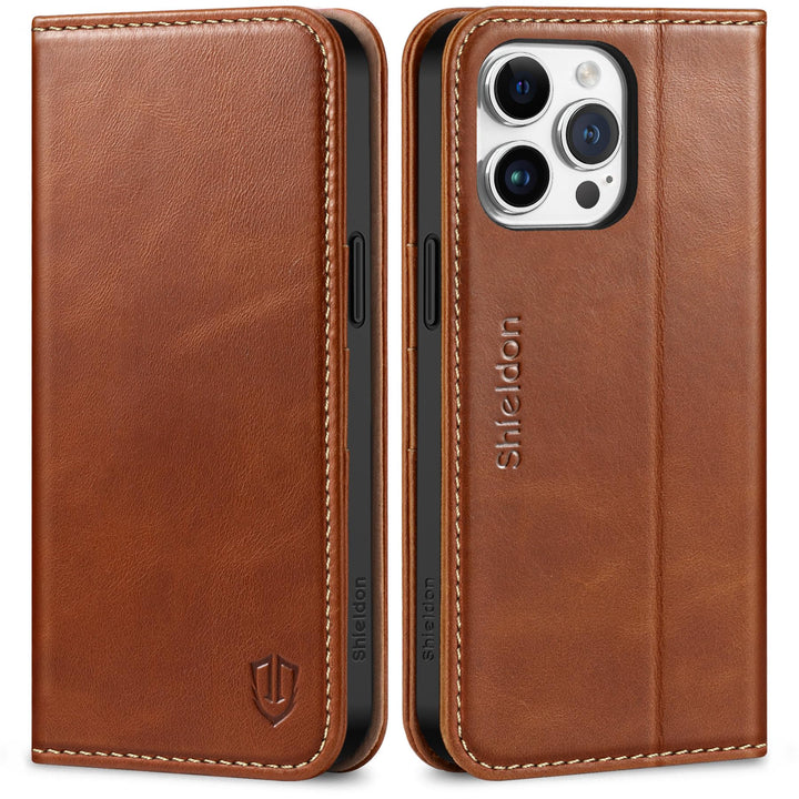 SHIELDON Hülle für iPhone 15 Pro Max, Handyhülle [Echtleder] [Kartenfach] [Magnet] [Stand] [RFID Blo