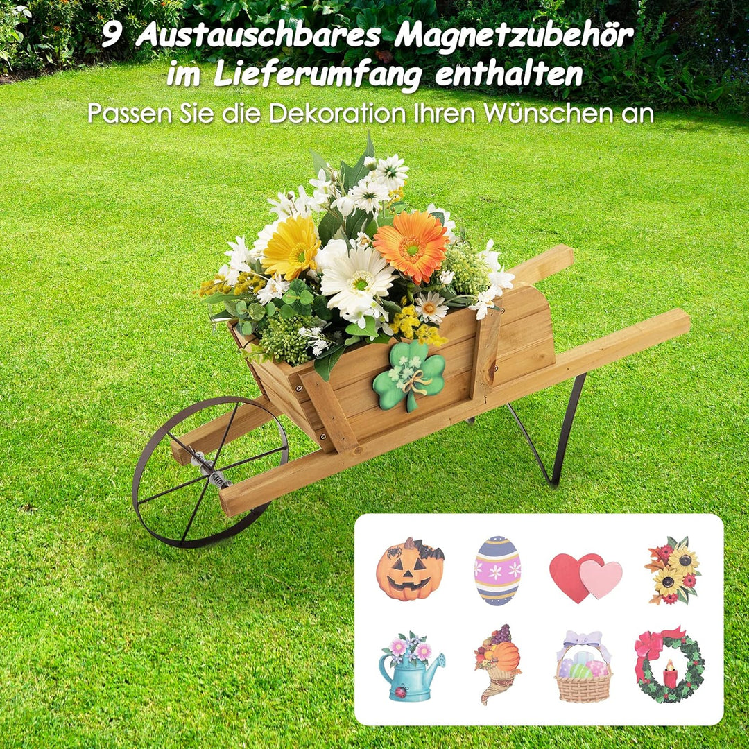 RELAX4LIFE Pflanzschubkarre, Blumenkarre aus Kiefernholz zum Bepflanzen, Gartendeko mit Griff, Rad &