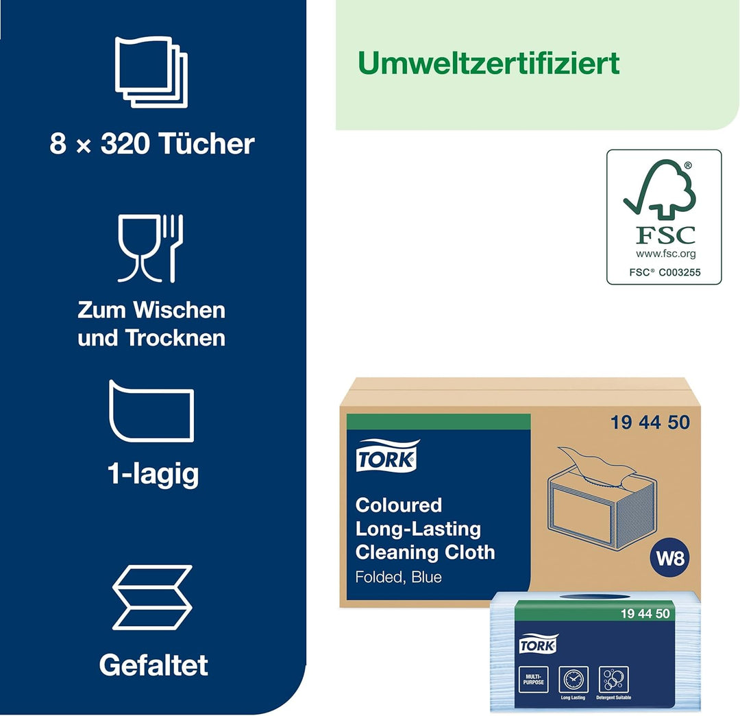 Tork Coloured Long-Lasting Cleaning Cloth Blau 194450 (Pack of 320) 1 x 320 (320) - Blau, 1 x 320 (3