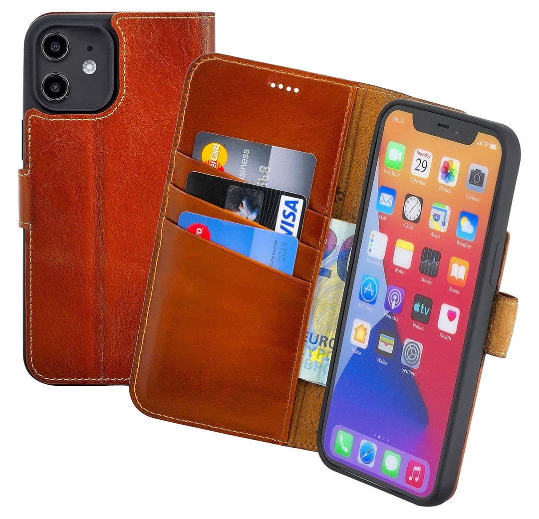 Suncase Book-Style Hülle kompatibel mit iPhone 12 (6.1") Leder Tasche (Slim-Fit) Lederhülle Handytas