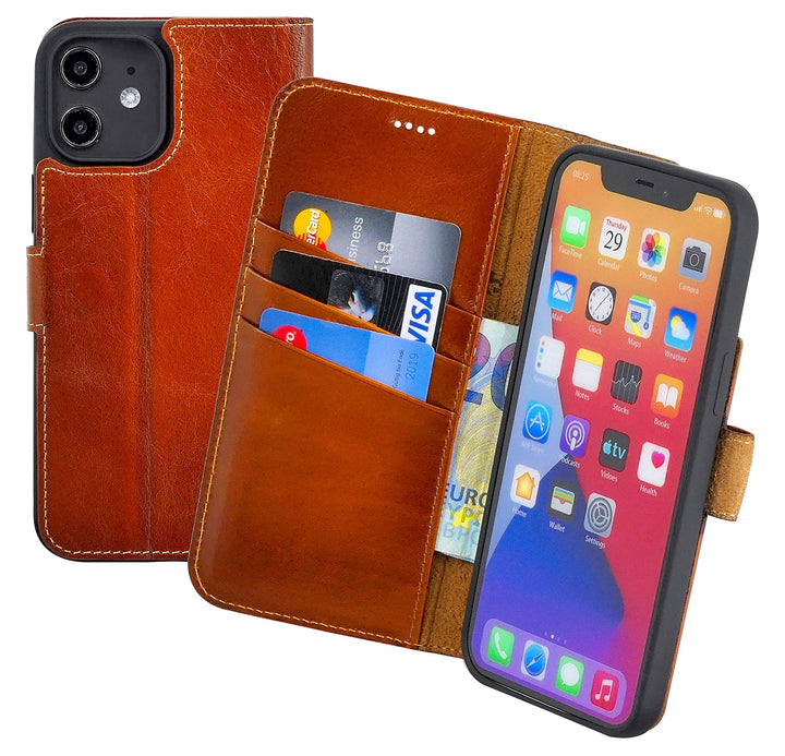 Suncase Book-Style Hülle kompatibel mit iPhone 12 (6.1") Leder Tasche (Slim-Fit) Lederhülle Handytas
