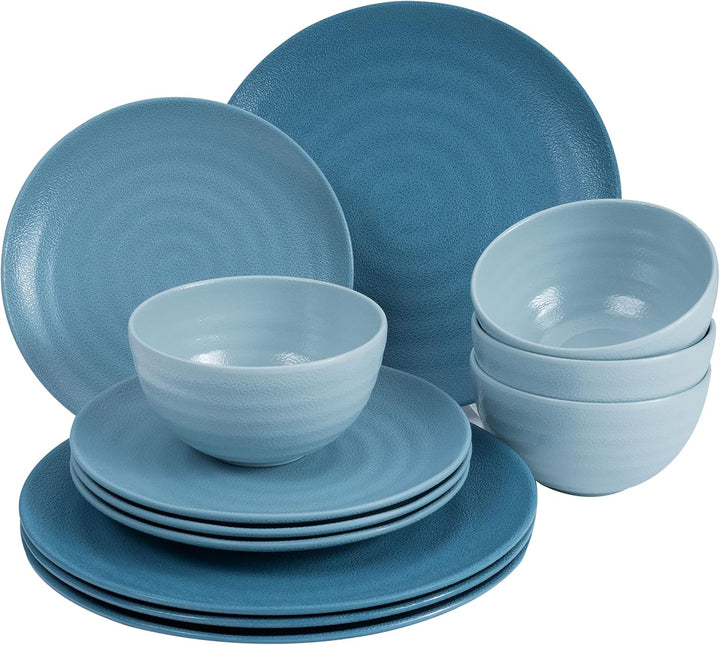 Melamin Geschirr Set 16 Teile elegante Steingut Optik in blau mit Wasserglas 400ml klar - für 4 Pers