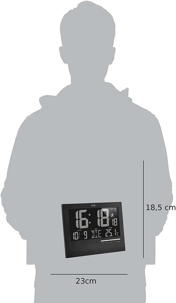 TFA Dostmann Digitale Funkuhr mit automatischer Hintergrundbeleuchtung, mit Innentemperatur, Datum,