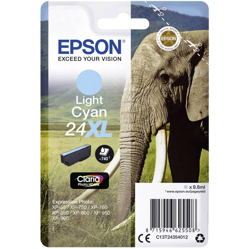 Epson 24XL Light Cyan Elephant High Yield Genuine, Claria Photo HD Ink Cartridge, XL High Capacity N