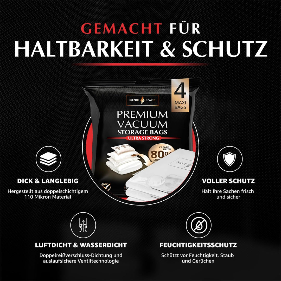 GENIE SPACE Premium Vakuumbeutel für Kleidung, Bettwäsche & Reisen – Maxi Grösse 110x90 cm, Luftdich