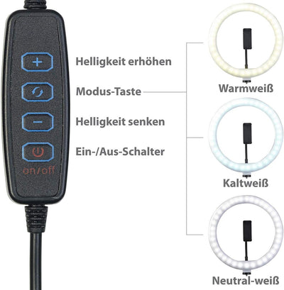 Somikon Handy Stativ mit Licht: LED-Ringlicht, Handy-Halter, Stativ, Fernauslöser, Ø 10" / 25 cm (Li