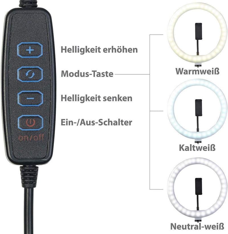 Somikon Handy Stativ mit Licht: LED-Ringlicht, Handy-Halter, Stativ, Fernauslöser, Ø 10" / 25 cm (Li