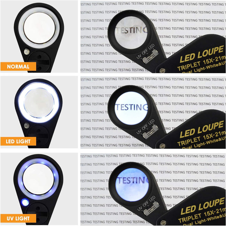 15x Vergrösserungsglas Schmuck Lupe LED UV Licht 21mm Achromatisch Triplett Linse Optisch Glas Tasch