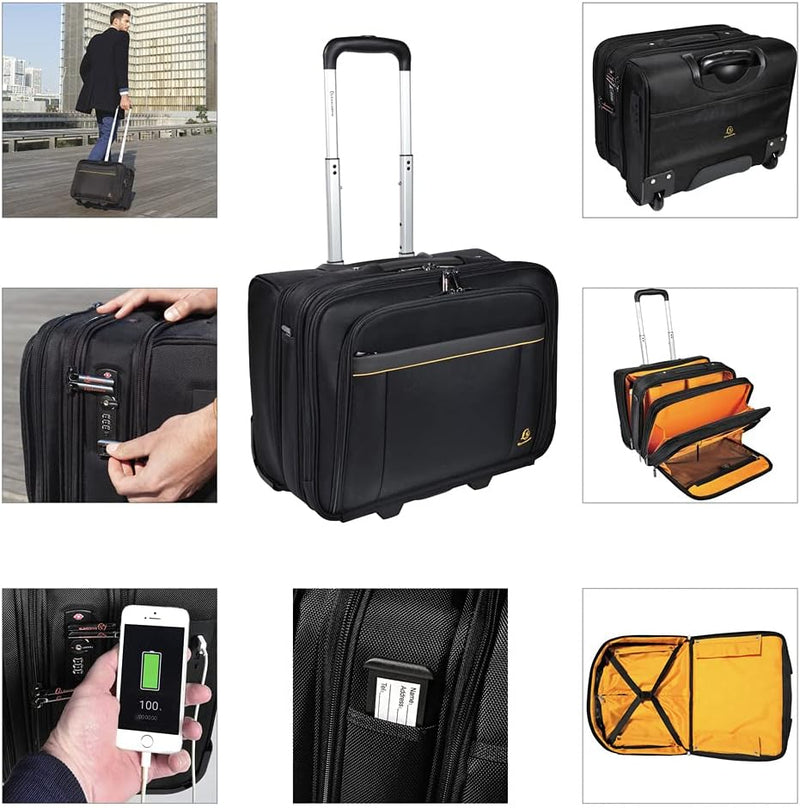 Exacompta 18534E Premium Reisetasche Exatrolley mit 4 Hauptfächern vielen Innentaschen 2 USB Anschlü