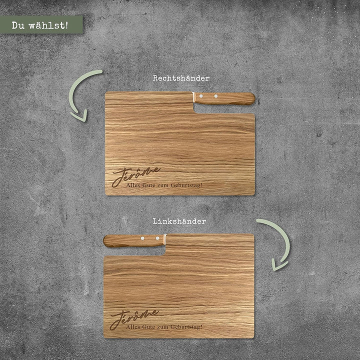 Personalisiertes Premium Frühstücksbrettchen mit Buckelsmesser, Wunsch-Name und Text graviert – Gesc