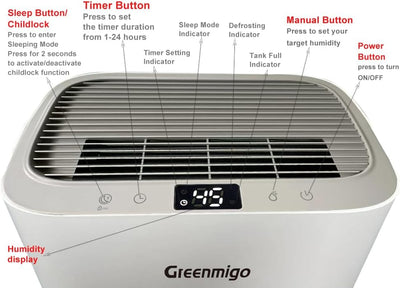 Greenmigo Luftentfeuchter 10L/24h Elektrischer Entfeuchter Entfeuchtungsleistung Raumgrösse max.35m²