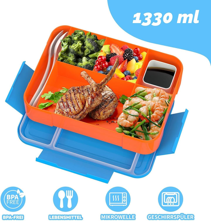 Brotdose Kinder mit Fächern 1330 ml Bento Box mit 6 Fächern Besteckset - Auslaufsichere Lunchbox für