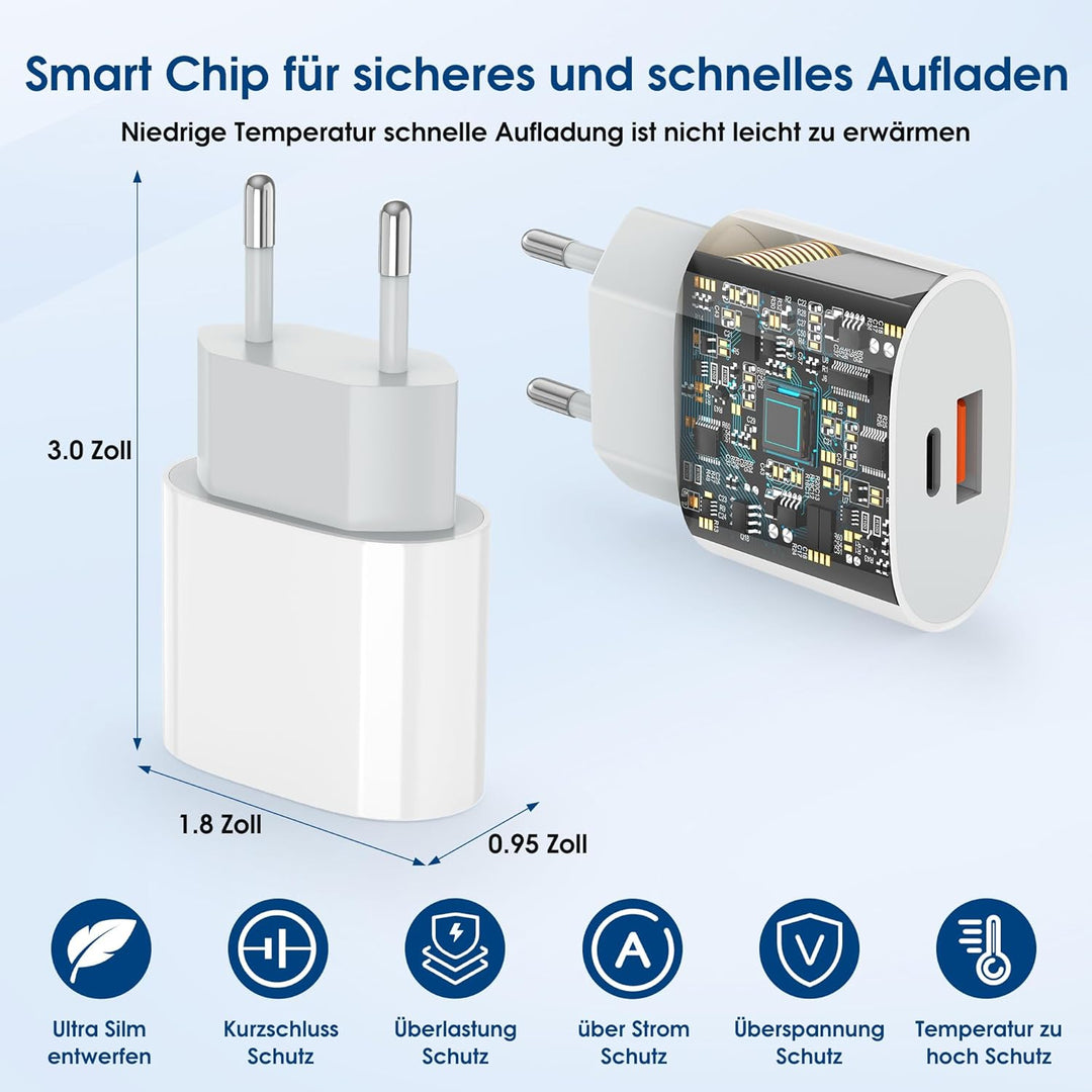 KenSera 20W USB C Ladegerät Schnellladegerät mit 2m Kabel, 2-Port Netzteil USB-C & USB-A, Fast Charg