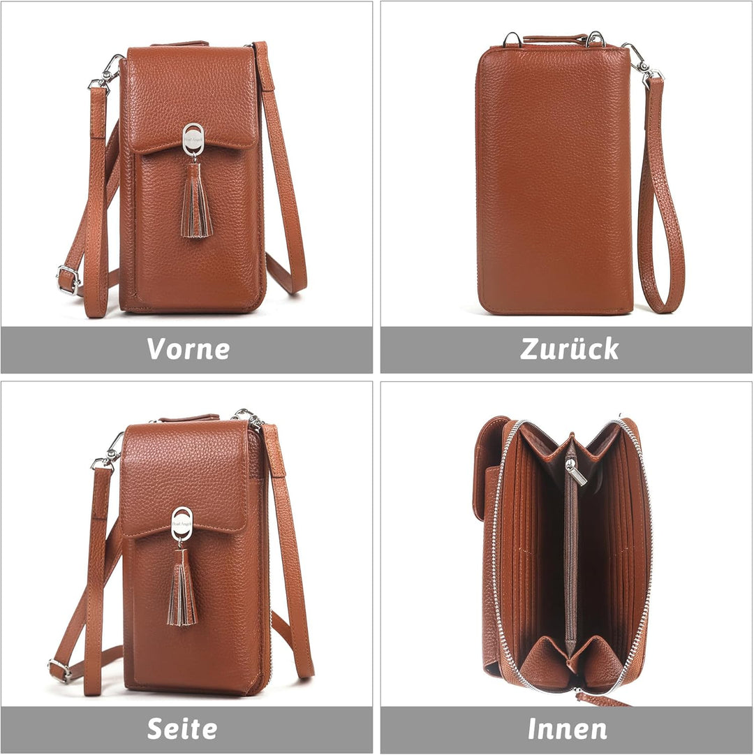 Pearl Angeli Weiches Echtes Leder Handy Umhängetasche - Handytasche Geldbörse Damen RFID Schutz klei