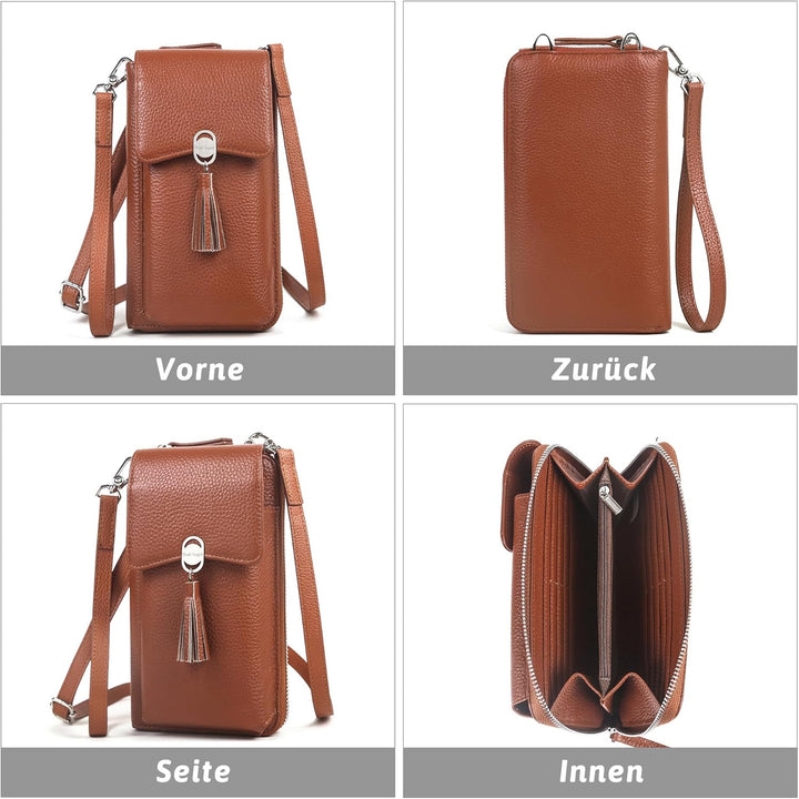 Pearl Angeli Weiches Echtes Leder Handy Umhängetasche - Handytasche Geldbörse Damen RFID Schutz klei
