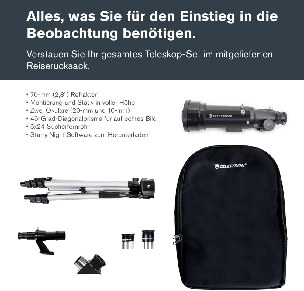 Celestron 21035 Reiseteleskop 70 Tragbares Refraktorteleskop-Set mit Rucksack, Schwarz TravelScope 7