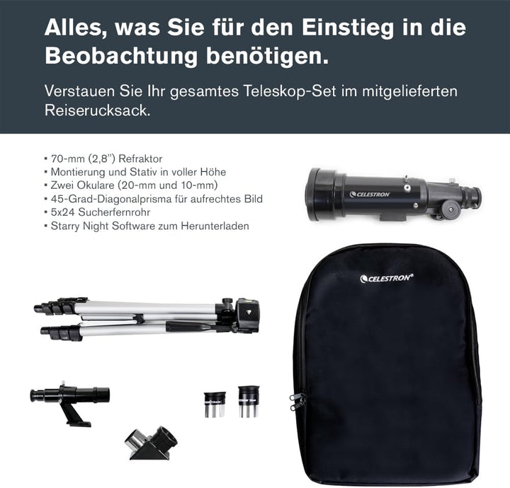 Celestron 21035 Reiseteleskop 70 Tragbares Refraktorteleskop-Set mit Rucksack, Schwarz TravelScope 7