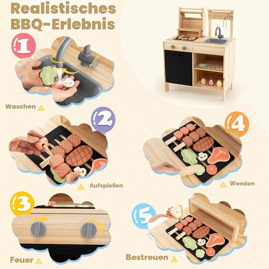 HOMASIS Matschküche Kinder Outdoor, Kinderküche mit BBQ-Grill Tafel Waschbecken Spüle, Spielküche mi