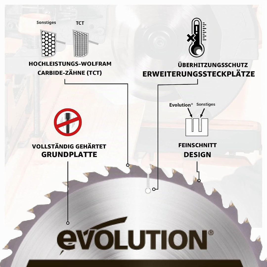 Evolution GW255TCT-40 - 255-mm-Holzsägeblatt – Hartmetallbestückte 30-Zahn-Konfiguration ermöglicht