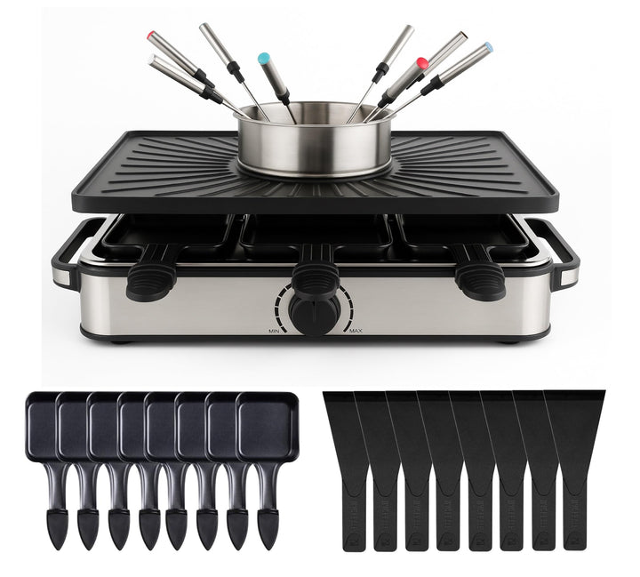 8 Personen Fondue/Raclette Set - Tischgrill inkl. Pfännchen & Schaber - Grillplatte & Steinplatte an