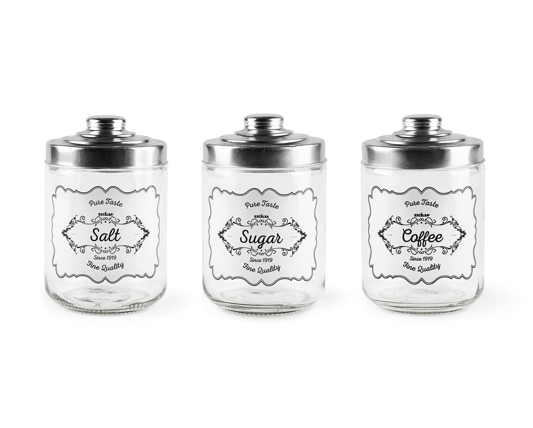 Excelsa Fine Quality Set 3 Vorratsdosen aus Salz, Zucker und Kaffee, Glas, 0,8 Liter