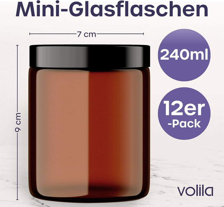 volila Braunglas Salbentiegel Gläschen mit Deckel (240ml x 12 Stück) - Glastiegel Creme Dosen zum Be