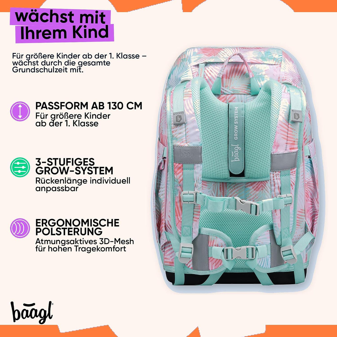 Baagl Airy Plus Schulranzen-Set 5-teilig, 25 l, ab 130 cm (Sunset) | Isoliertes Snackfach; Magnetver