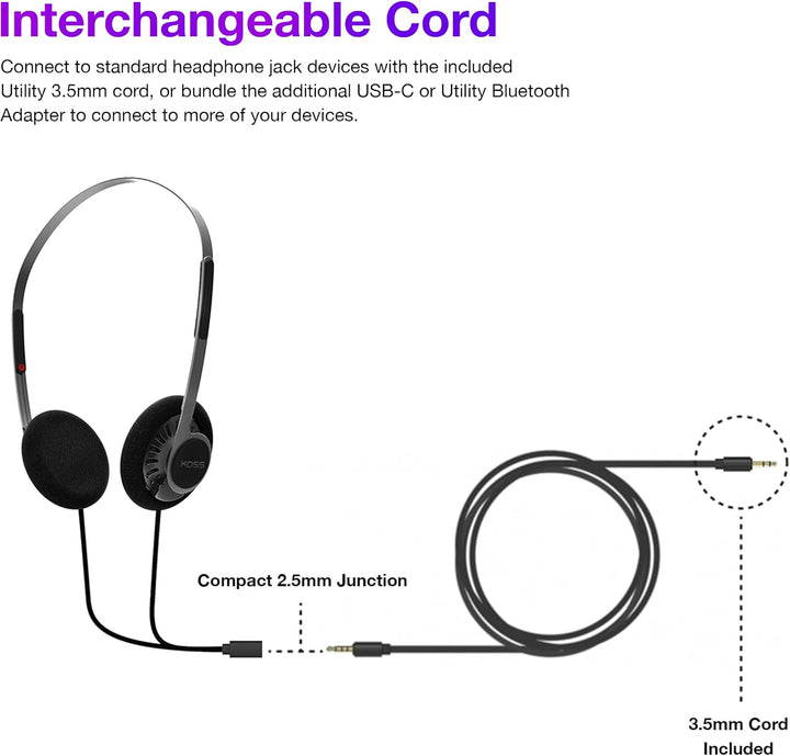 Koss KPH40 Utility-On-Ear-Kopfhörer, abnehmbares austauschbares Kabelsystem, Retro-Stil, ultraleicht