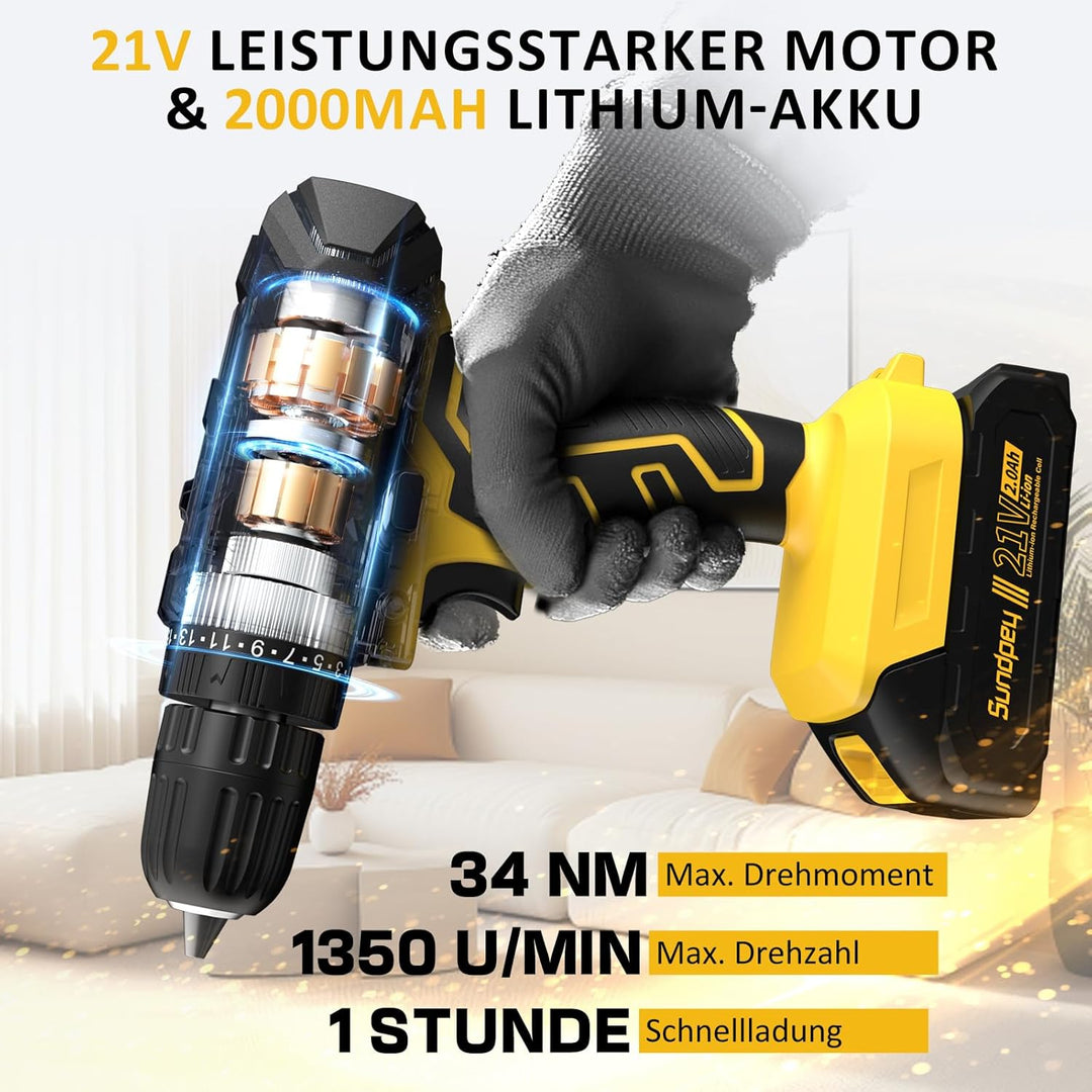 Sundpey Werkzeugkoffer Gefüllt 170tlg mit Akku Bohrschrauber Set, 21V Akkuschrauber mit 2.0 Ah Akku,