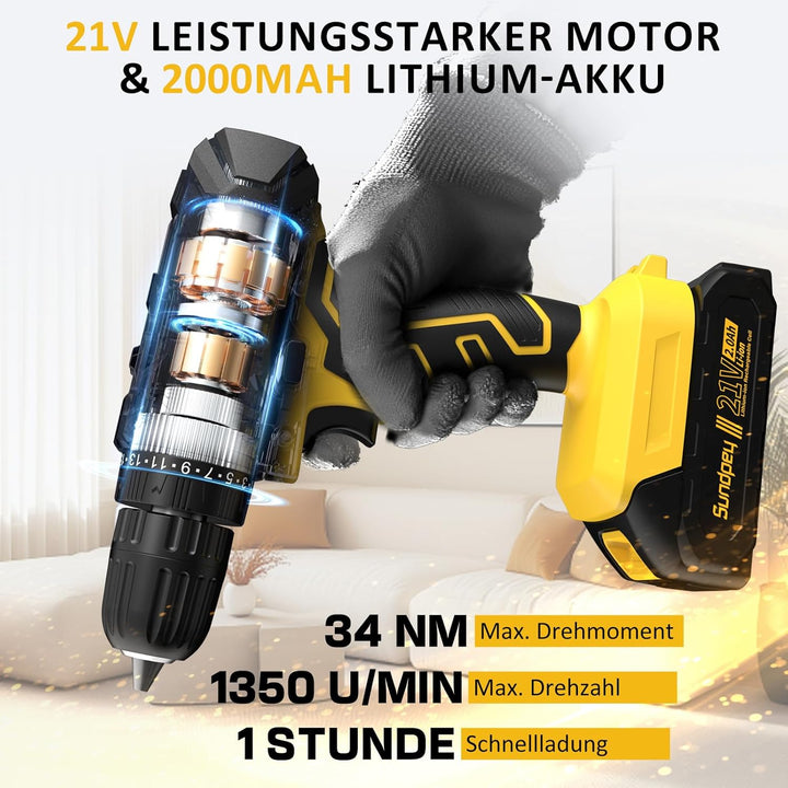 Sundpey Werkzeugkoffer Gefüllt 170tlg mit Akku Bohrschrauber Set, 21V Akkuschrauber mit 2.0 Ah Akku,