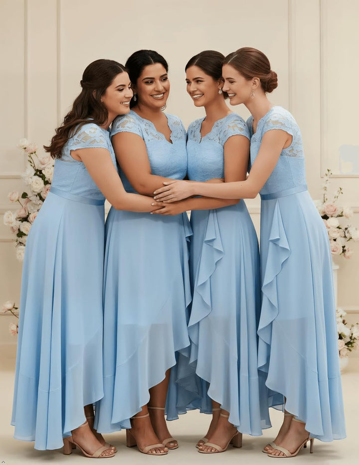 Bbonlinedress Abendkleider elegant für Hochzeit Spitzenkleid Chiffon Hi-Lo Kleid Brautjunferkleid Br