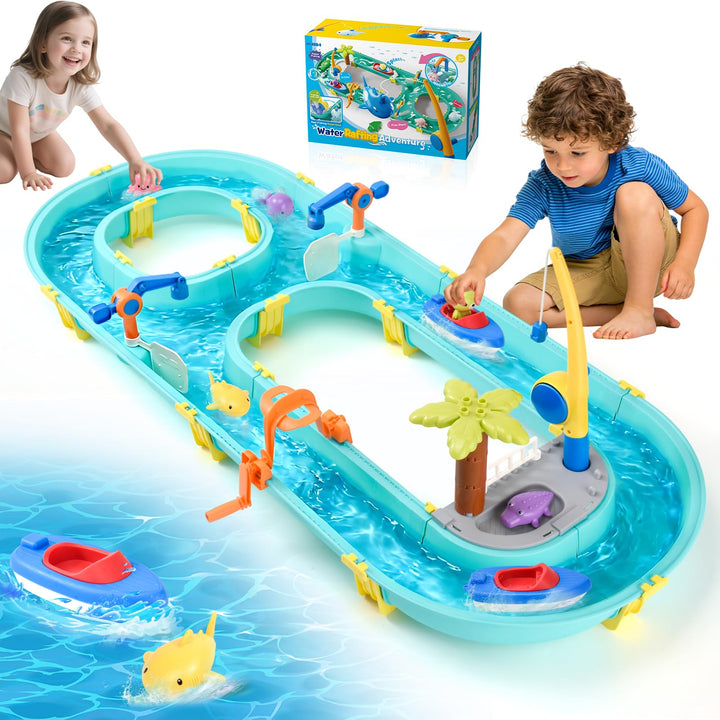 Wasserspielzeug mit Wasserbahn, 58 Teile Wasserbahn Kinder Draussen - Wassertisch Kinder mit Booten,