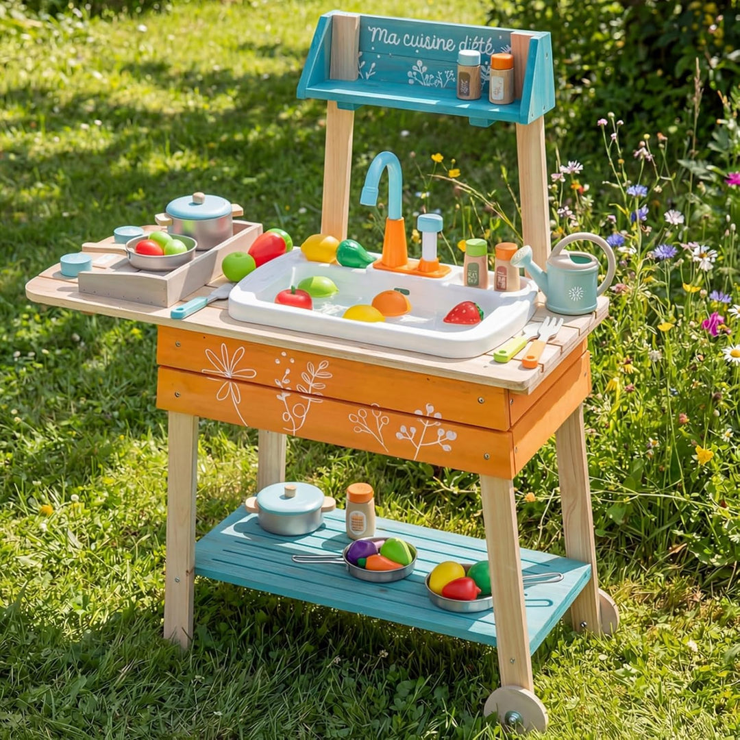 COSTWAY Matschküche Kinder Outdoor, Kinderküche Holz inkl. Spülbecken mit Wasserpumpfunktion, Garten