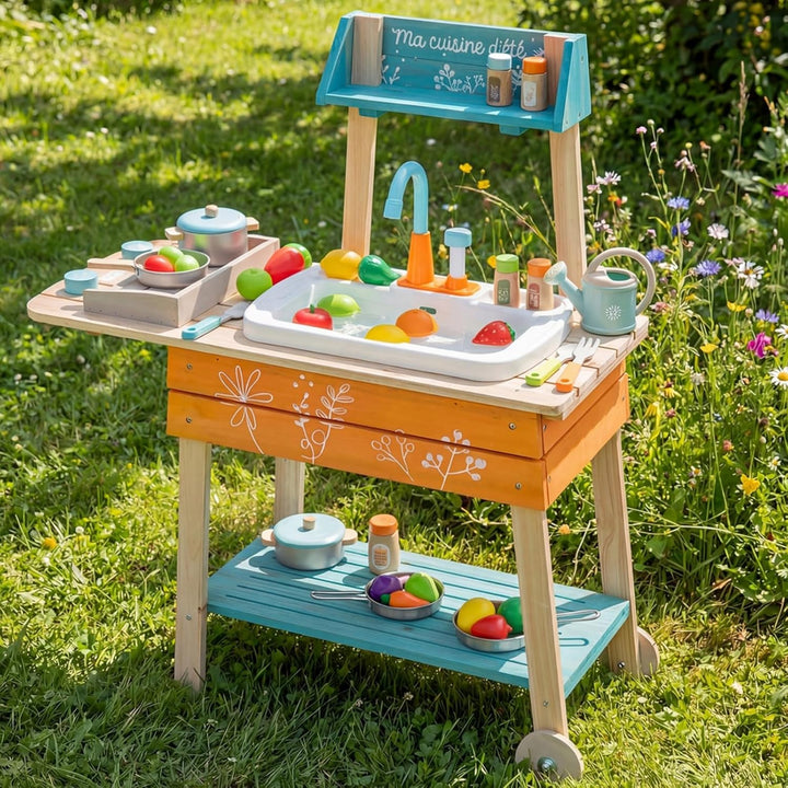 COSTWAY Matschküche Kinder Outdoor, Kinderküche Holz inkl. Spülbecken mit Wasserpumpfunktion, Garten