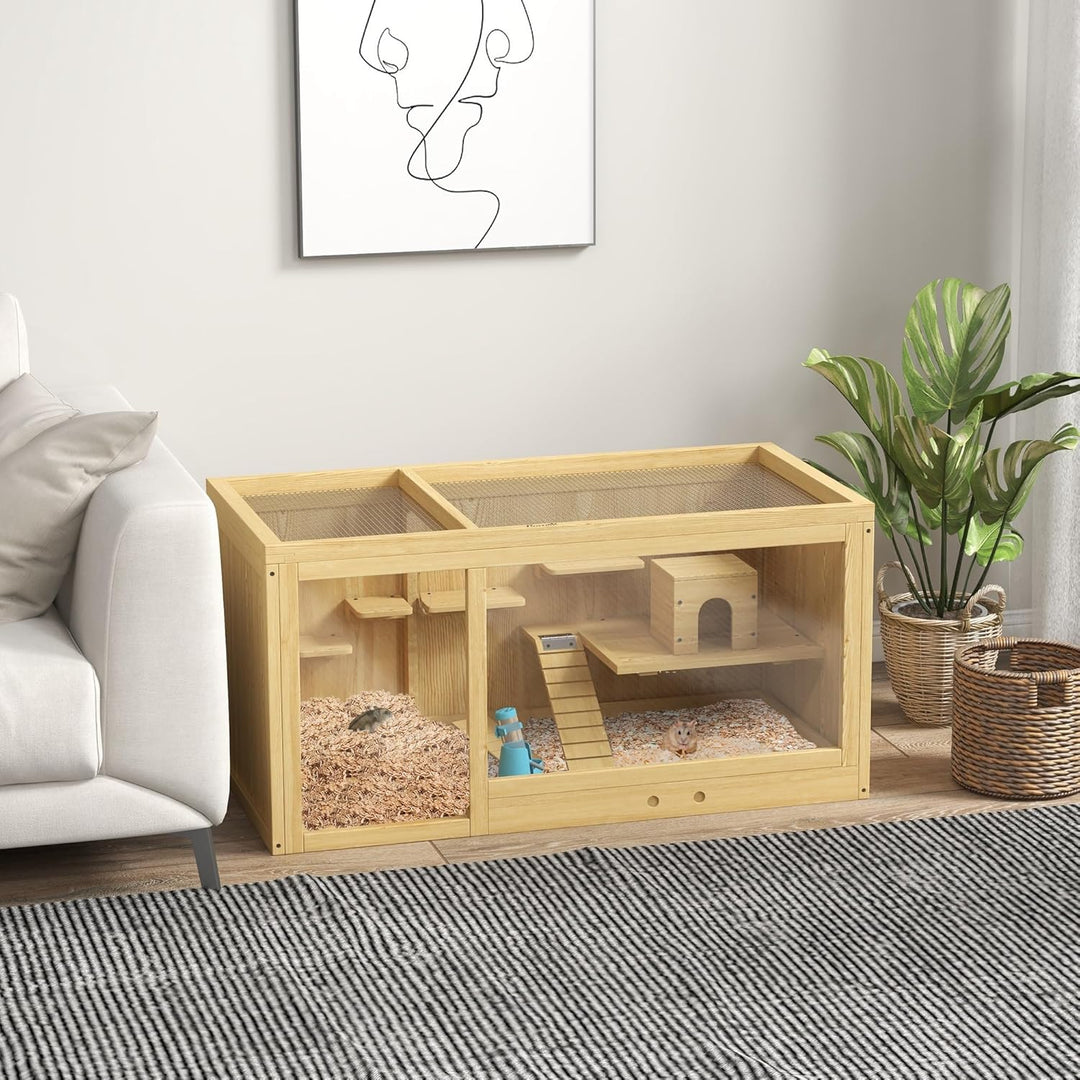 PawHut Hamsterkäfig aus Holz, 100 cm Kleintierstall, Kleintierkäfig Spielhaus für Gerbils Nagerkäfig
