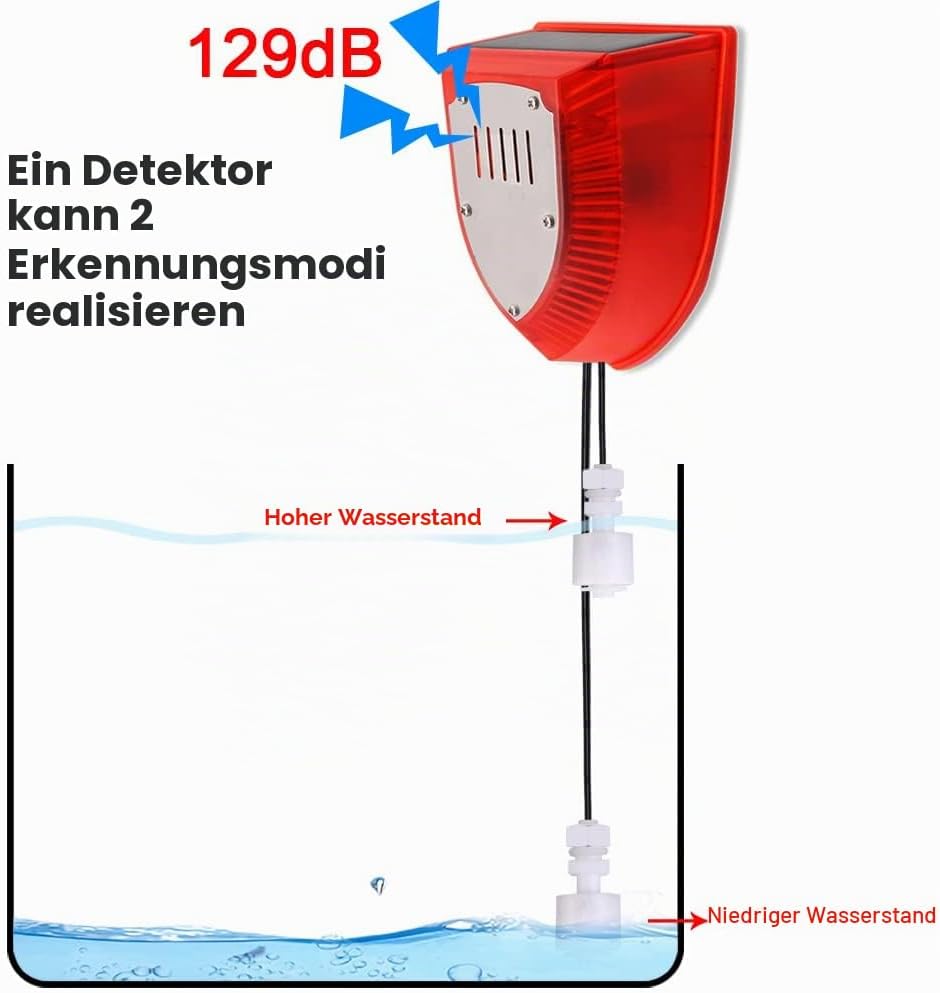 Solar-Wasserstandsalarm, Dual-Sonde Hoch-/Niedrigwasser-Sensor, 129 dB Einstellbarer Stroboskop-Alar