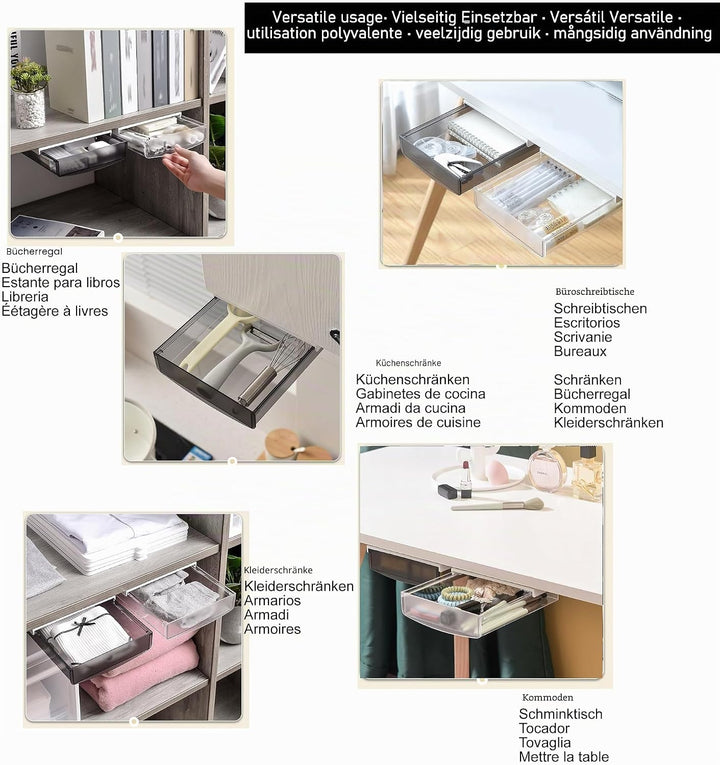 TUKA 4X 3,5L Unterschreibtisch-Schubladen 24x21x8cm, Selbstklebende Schubladen, Versteckte Unterbaus