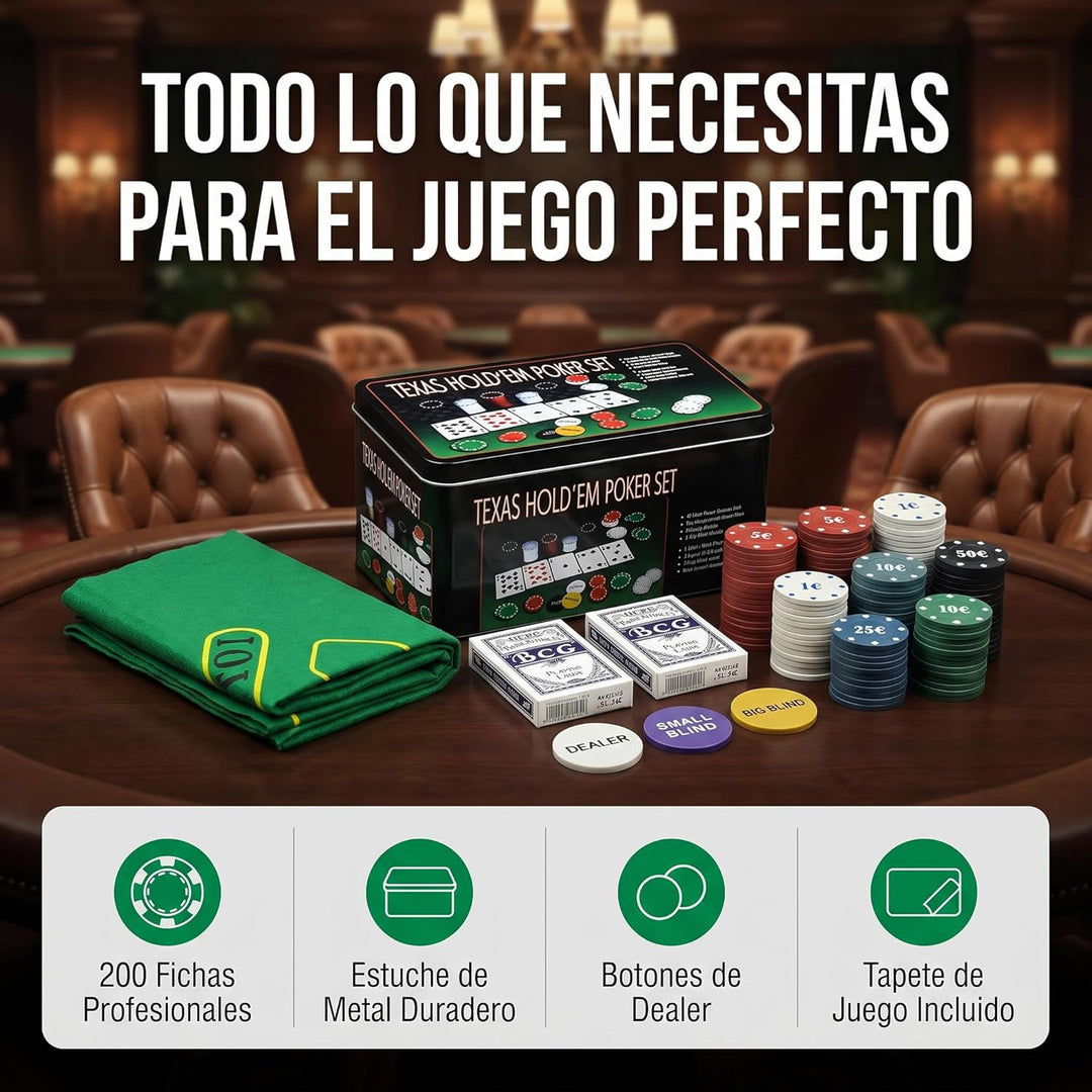 various Poker-Set aus Metallbox, 200 Pokerchips, 2 Abdeckungen, Distanzknopf, Brettspiel