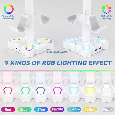 RGB Kopfhörer Halter, KDD Headset Halterung Drehbar mit 9 Lichtmodi, Controller Halter mit 2 USB Ans