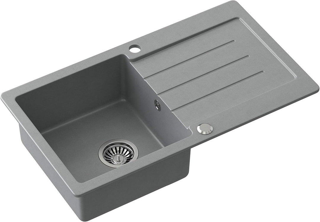 QUADRON Spülbecken Spüle Küche Granit | Grösse 77 x 44 x 18,5 cm, Grau & Stahl | JOHNNY 111 Granitsp